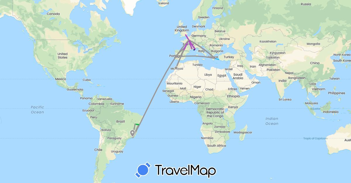TravelMap itinerary: driving, bus, plane, train, boat in Brazil, Spain, France, United Kingdom, Greece, Morocco, Monaco, Portugal (Africa, Europe, South America)